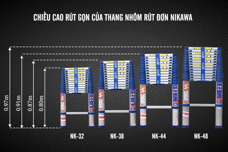 Chiều cao rút gọn thang nhôm rút đơn Nikawa